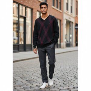 STORE 68 Men's Sweater Crew Diamond Plaid Pattern Black Red XL